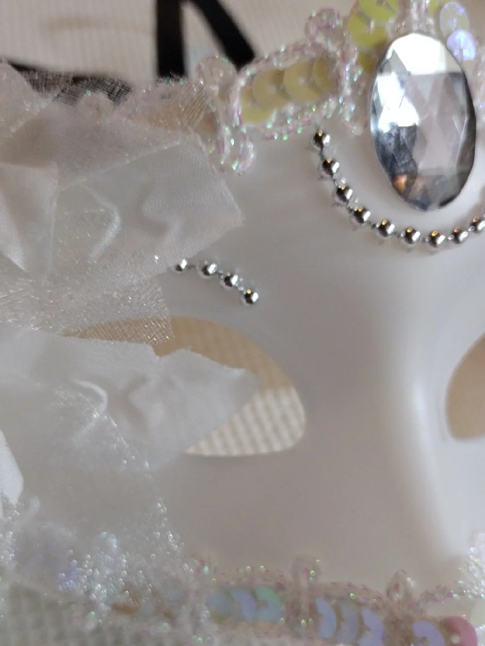 White Decorative Venetian Mask with Jewel and Feathers